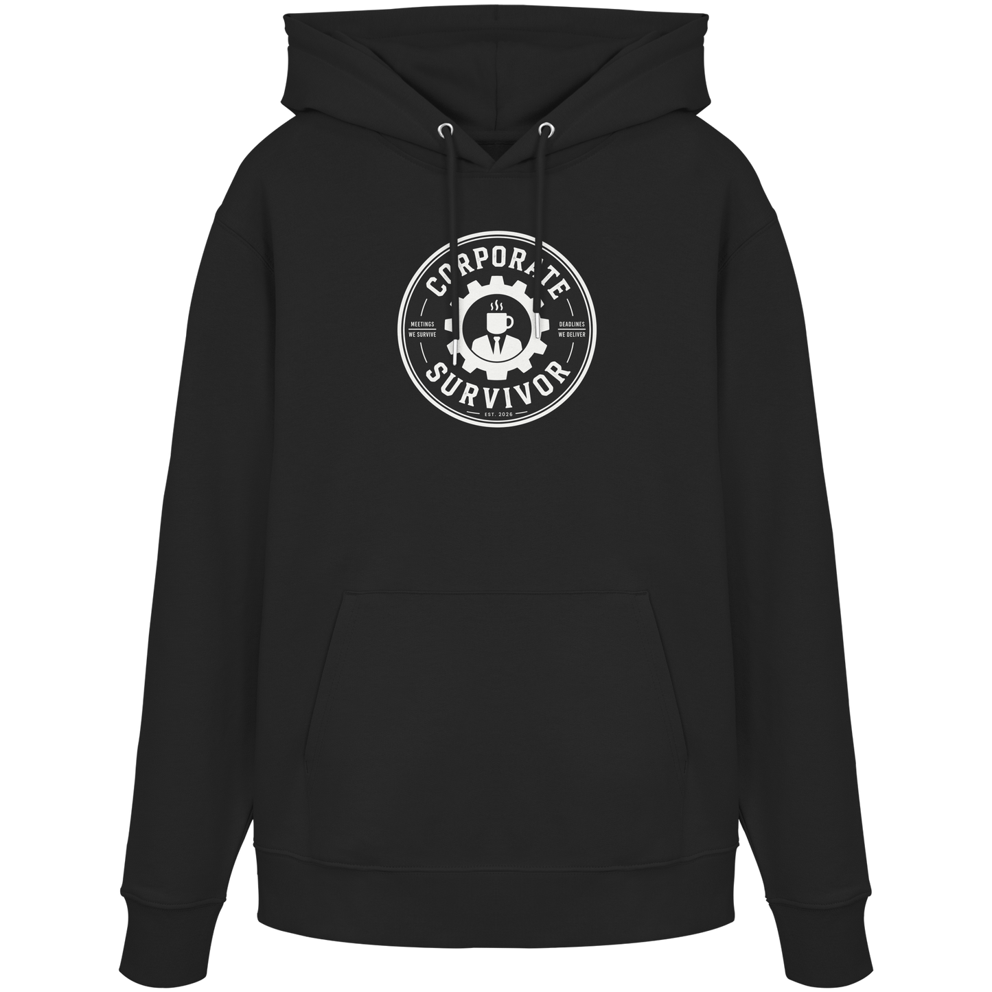Schwarzer Bio-Hoodie mit Logo vorn und Aufdruck human in the loop (barely) – Corporate Survivor