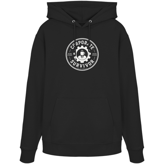Schwarzer Bio-Hoodie mit Logo vorn und Aufdruck human in the loop (barely) – Corporate Survivor