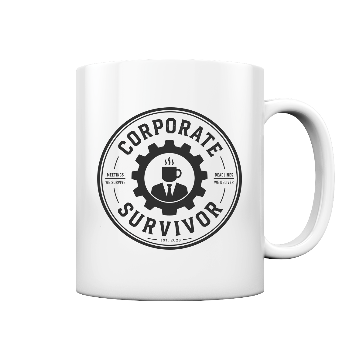 Weiße Glossy-Kaffeetasse mit Corporate-Survivor-Wappen it depends. – ironisches Büro-Geschenk
